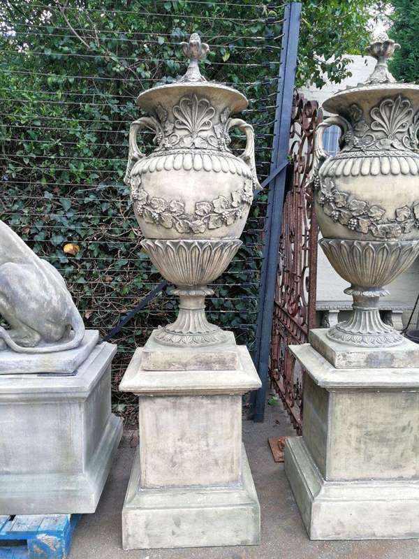 Pair of Very Large 20th Century English Cast Stone Concrete Regency-style Lidded Urns On Concrete...