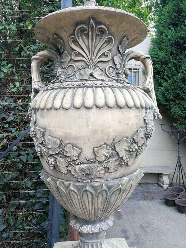 Pair of Very Large 20th Century English Cast Stone Concrete Regency-style Lidded Urns On Concrete...