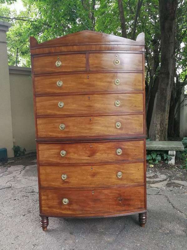A Victorian Circa 1880, Mahogany Bow-front Chest-on-chest With Original Brass Escutcheons and Han...
