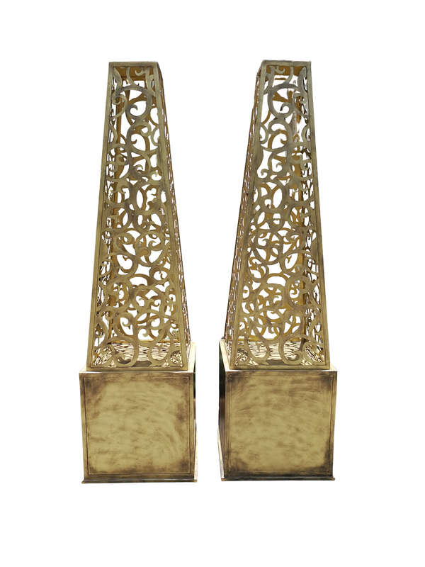 A Pair of Decorative Wrought Iron Lattice Obelisks (Gold) ND