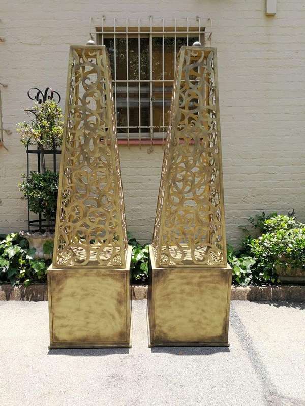 A Pair of Decorative Wrought Iron Lattice Obelisks (Gold) ND