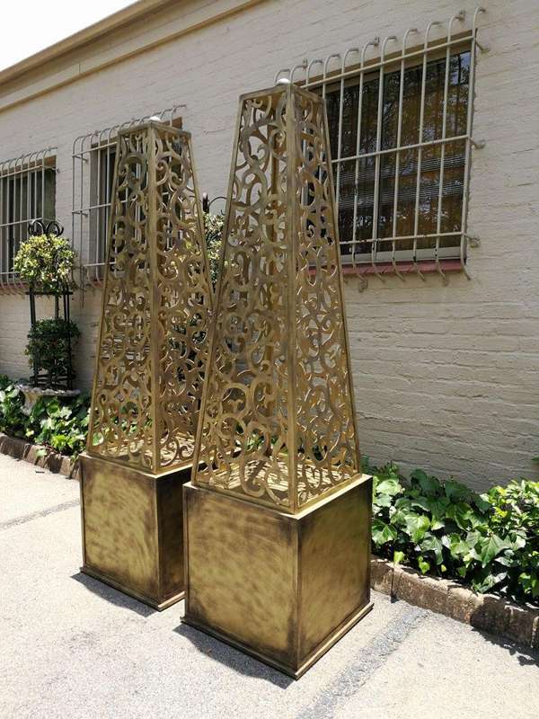 A Pair of Decorative Wrought Iron Lattice Obelisks (Gold) ND