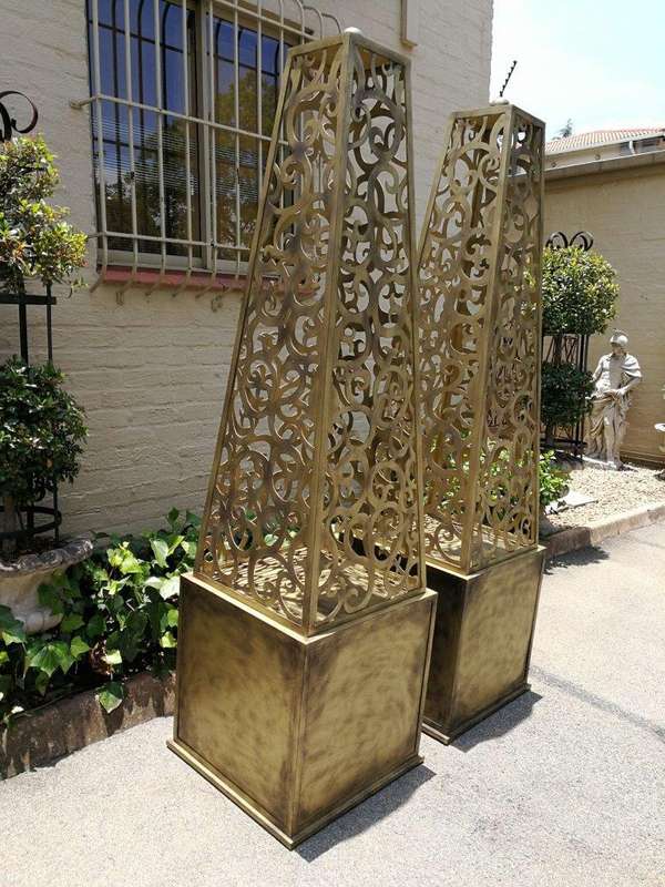 A Pair of Decorative Wrought Iron Lattice Obelisks (Gold) ND
