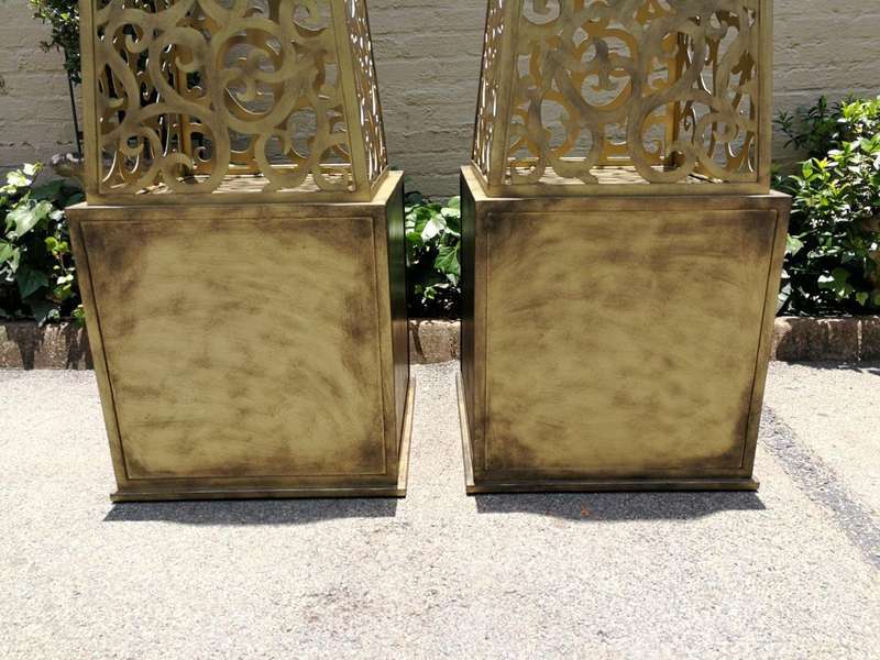 A Pair of Decorative Wrought Iron Lattice Obelisks (Gold) ND