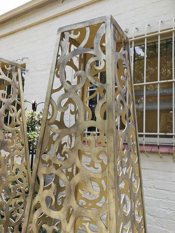 A Pair of Decorative Wrought Iron Lattice Obelisks (Gold) ND