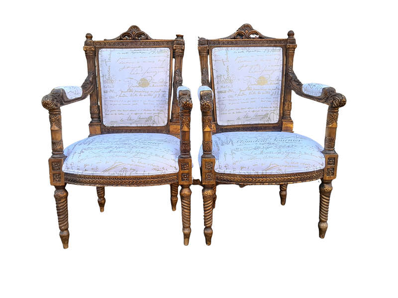 A Pair of 20th Century French Style Carved and Hand Gilded Armchairs Upholstered in a Custom and ...