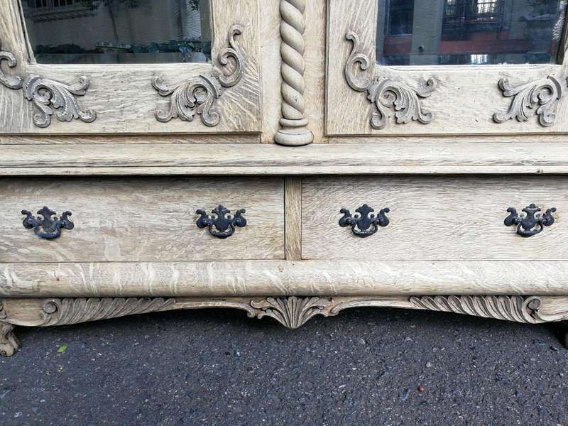 An Antique Victorian English Carved And Bleached Oak Armoire With Bevelled Mirror Doors And Two D...