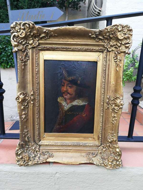 An Antique Oil on Board in an Antique Carved and Gilded Frame