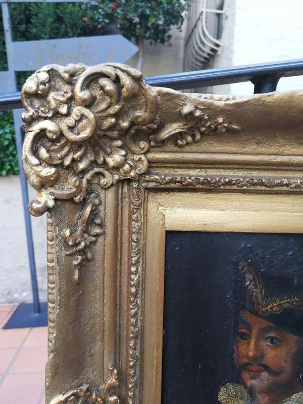An Antique Oil on Board in an Antique Carved and Gilded Frame