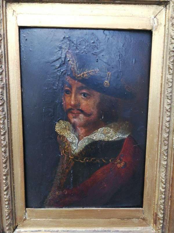 An Antique Oil on Board in an Antique Carved and Gilded Frame