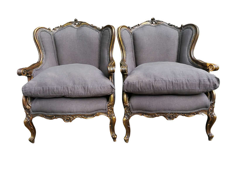A 20th Century Pair Of French Style Hand Gilded Bergere/Wing-Back Armchairs Upholstered In An Imp...