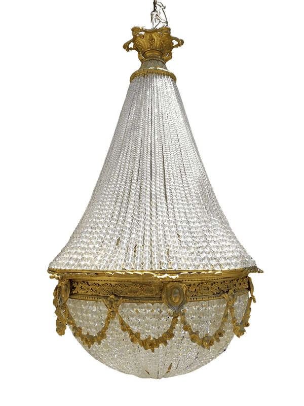 A Large Antique Gold Beaded Empire Style Chandelier