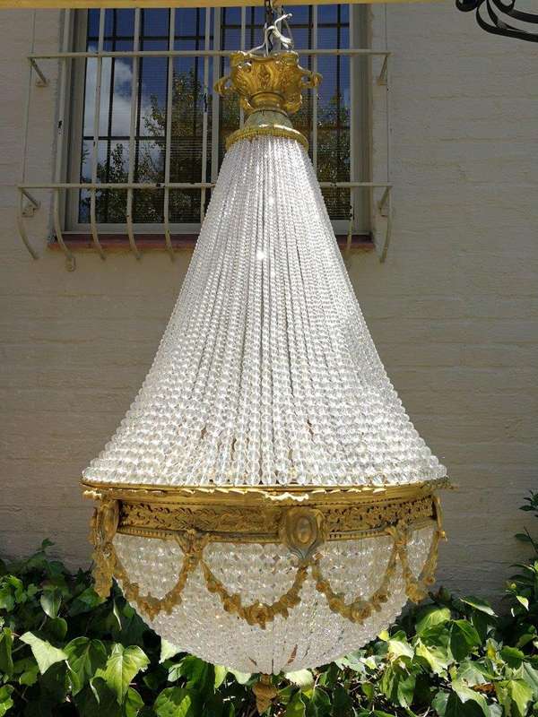 A Large Antique Gold Beaded Empire Style Chandelier