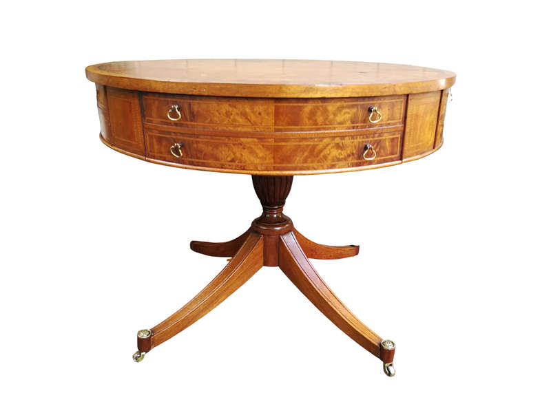 A Mid- 20th Century  (Circa 1950) Burr Walnut Drum Table With Tooled Leather Top and Drawers