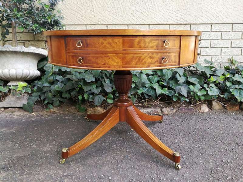A Mid- 20th Century  (Circa 1950) Burr Walnut Drum Table With Tooled Leather Top and Drawers
