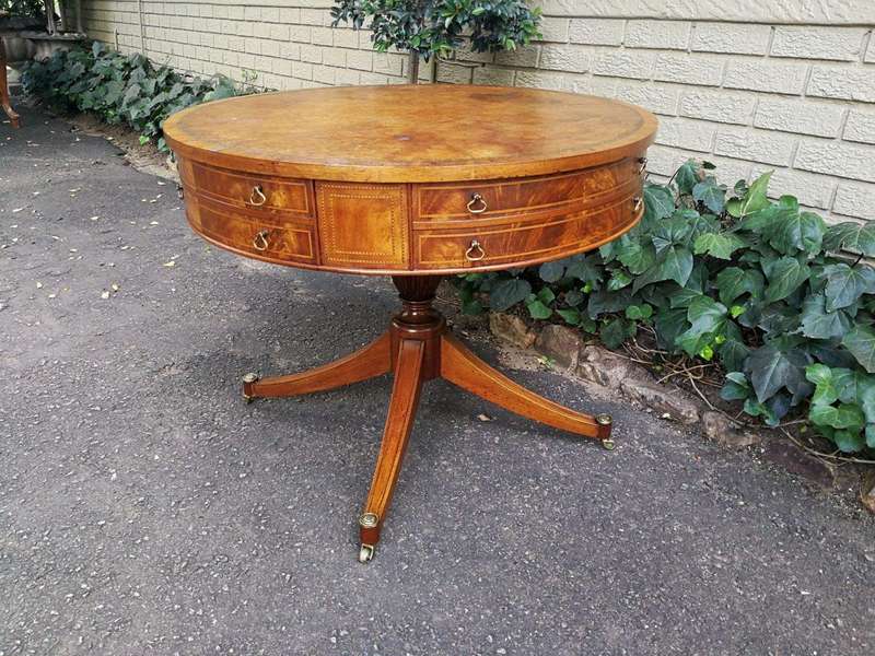 A Mid- 20th Century  (Circa 1950) Burr Walnut Drum Table With Tooled Leather Top and Drawers
