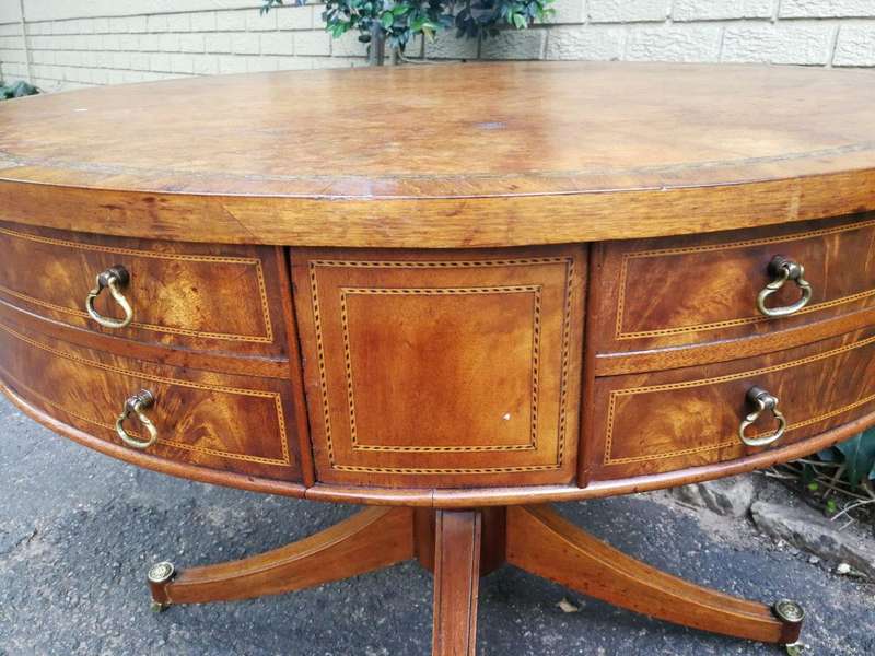 A Mid- 20th Century  (Circa 1950) Burr Walnut Drum Table With Tooled Leather Top and Drawers