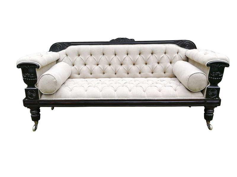 A 20TH Century English Rosewood Settee On Castors and Upholstered in an Imported Linen with Deep ...