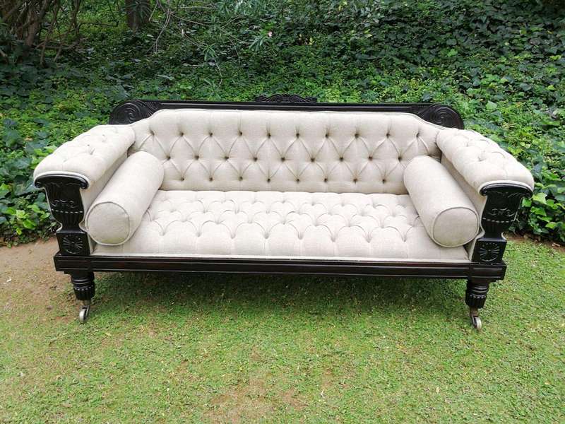 A 20TH Century English Rosewood Settee On Castors and Upholstered in an Imported Linen with Deep ...