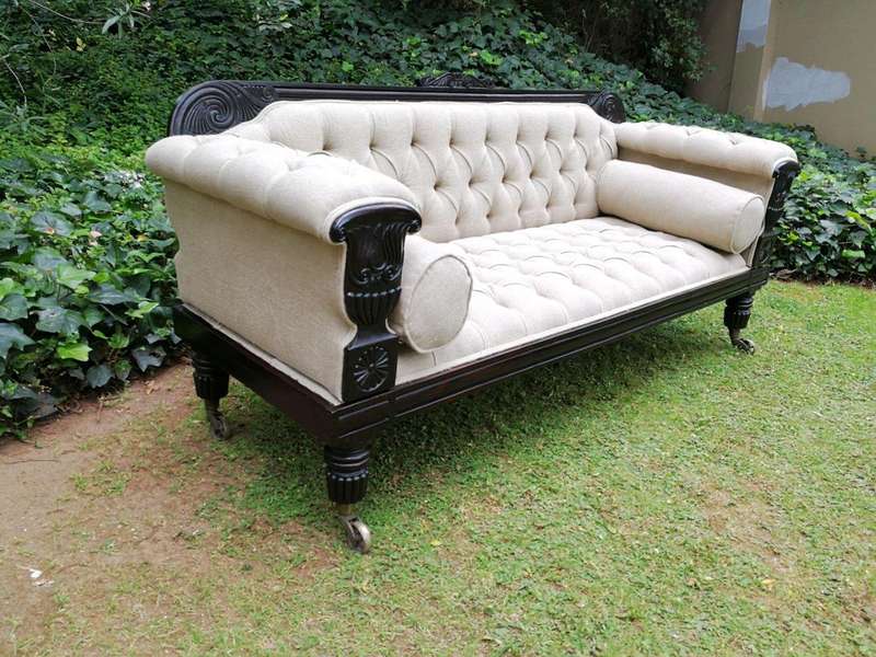 A 20TH Century English Rosewood Settee On Castors and Upholstered in an Imported Linen with Deep ...