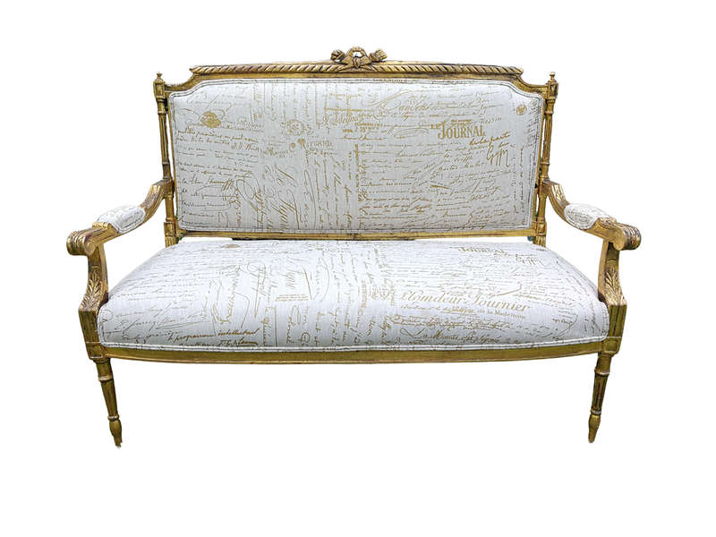 A French Style Hand-Gilded Beechwood Settee Upholstered In A Custom-Made Handmade Linen With Scri...