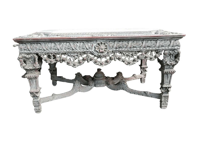 A Rare French Style Ornately Carved Entrance / Drinks / Table With White Marble Inlaid Top Of Lar...