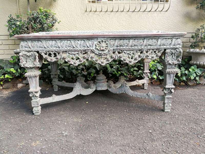 A Rare French Style Ornately Carved Entrance / Drinks / Table With White Marble Inlaid Top Of Lar...