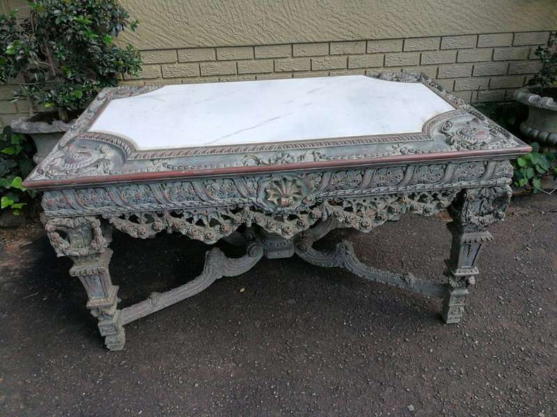 A Rare French Style Ornately Carved Entrance / Drinks / Table With White Marble Inlaid Top Of Lar...