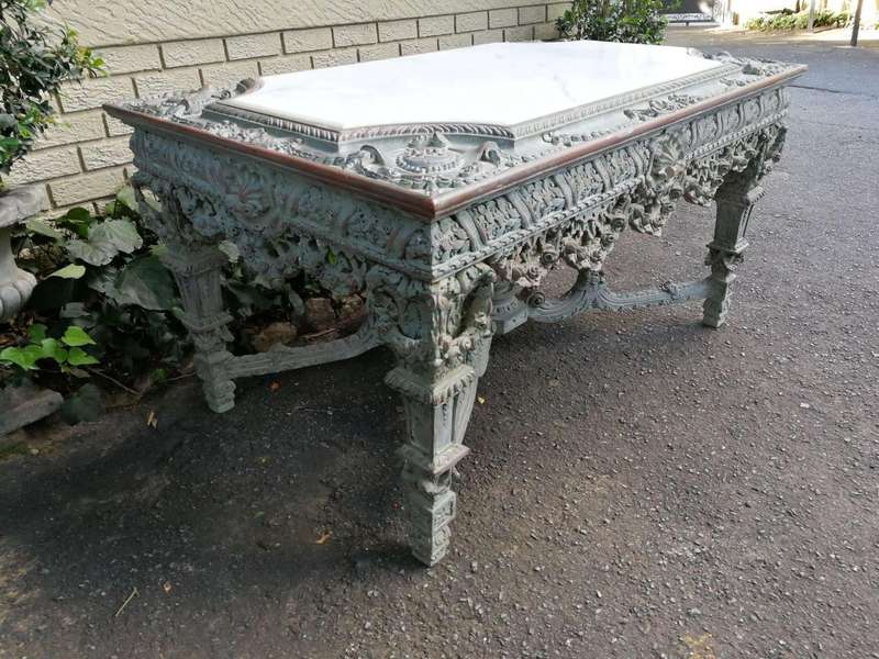 A Rare French Style Ornately Carved Entrance / Drinks / Table With White Marble Inlaid Top Of Lar...