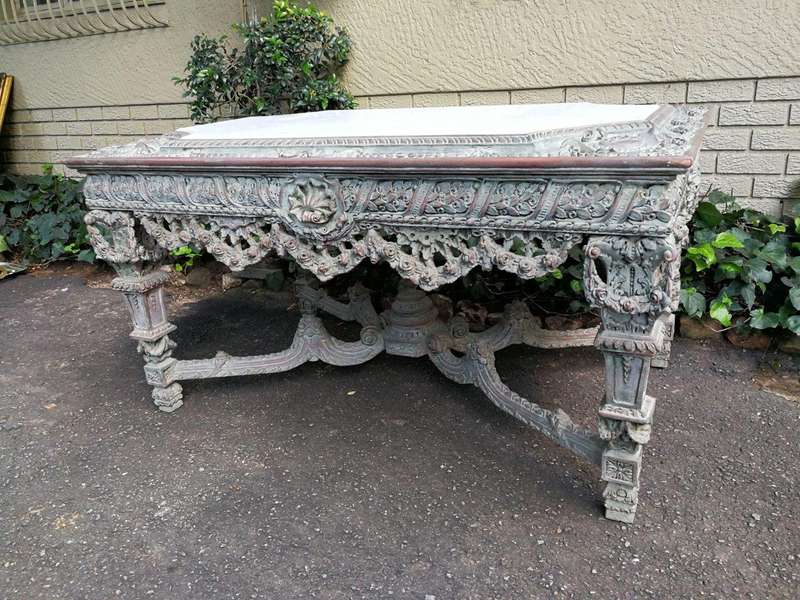 A Rare French Style Ornately Carved Entrance / Drinks / Table With White Marble Inlaid Top Of Lar...