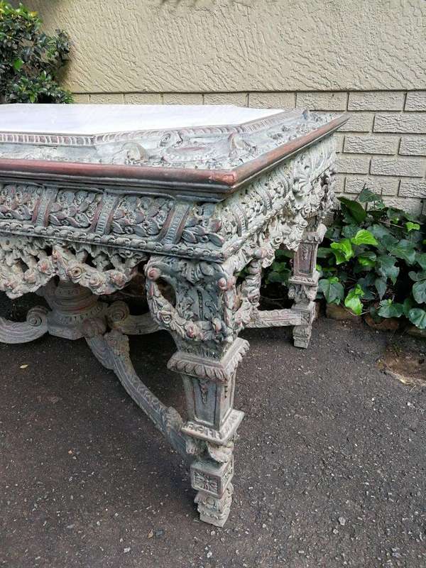 A Rare French Style Ornately Carved Entrance / Drinks / Table With White Marble Inlaid Top Of Lar...