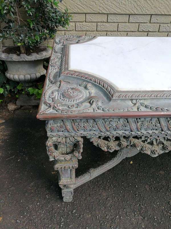 A Rare French Style Ornately Carved Entrance / Drinks / Table With White Marble Inlaid Top Of Lar...