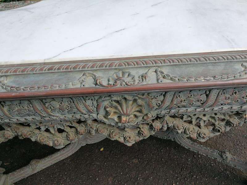 A Rare French Style Ornately Carved Entrance / Drinks / Table With White Marble Inlaid Top Of Lar...