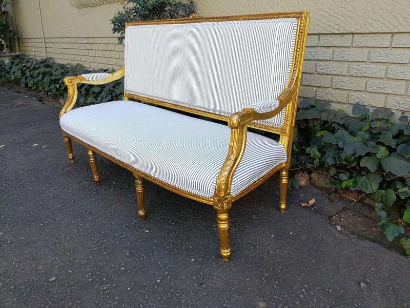 A 20th Century French Style Hand-Gilded Carved Settee,Upholstered In Imported Fabric