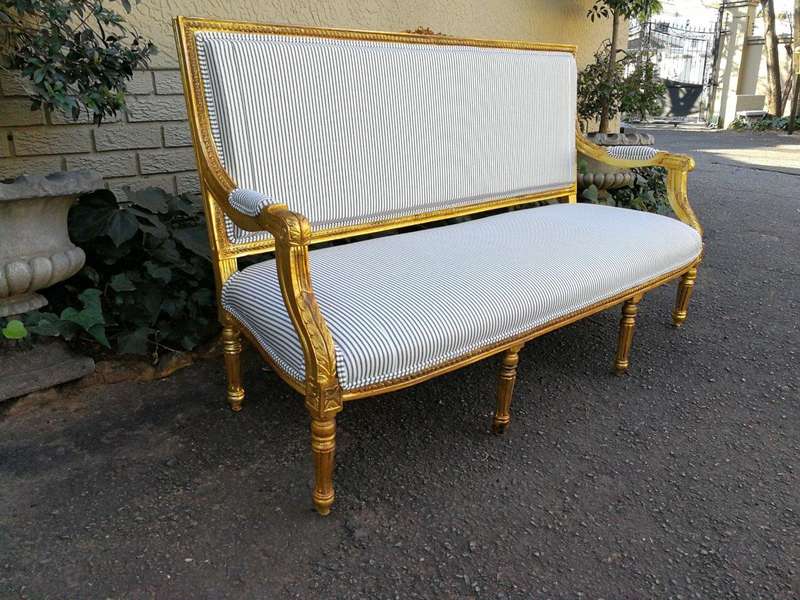 A 20th Century French Style Hand-Gilded Carved Settee,Upholstered In Imported Fabric