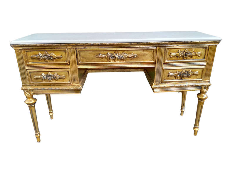 A 20th Century French Style Hand Gilded Desk / Table with Marble Top