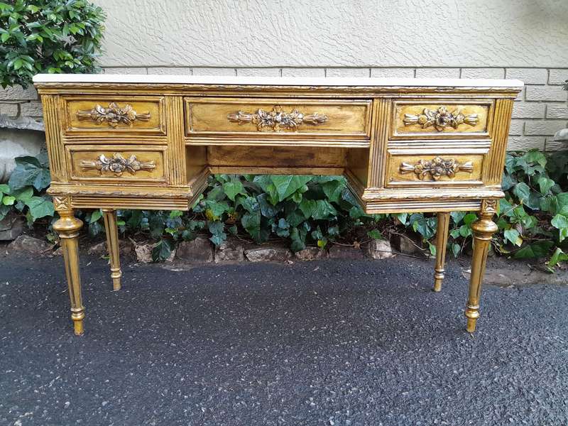 A 20th Century French Style Hand Gilded Desk / Table with Marble Top
