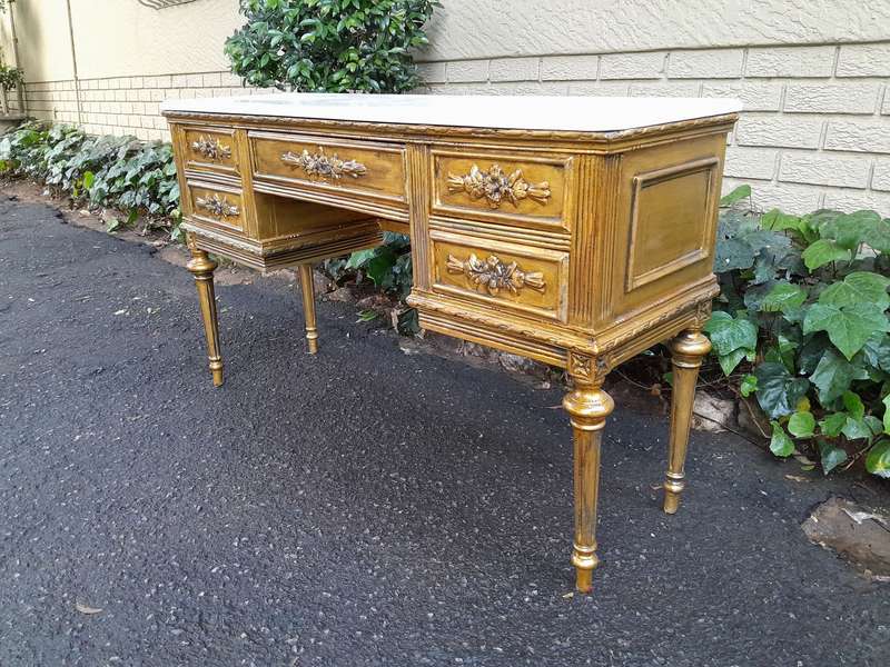 A 20th Century French Style Hand Gilded Desk / Table with Marble Top