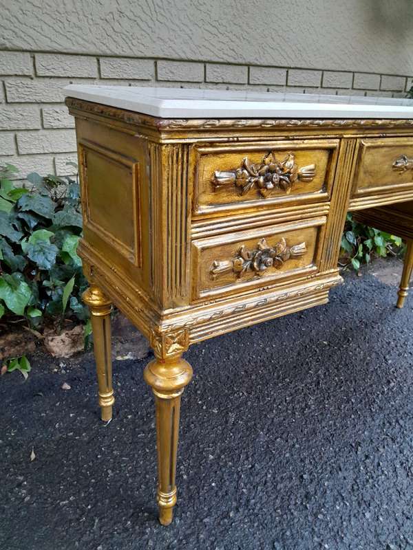 A 20th Century French Style Hand Gilded Desk / Table with Marble Top