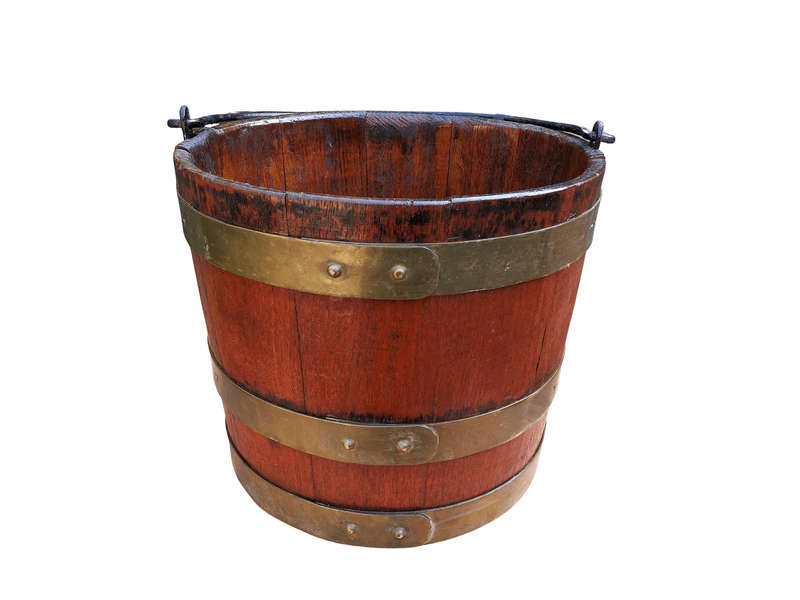 A 20th Century Teak Water Bucket with Brand Bands and Iron Handle ND
