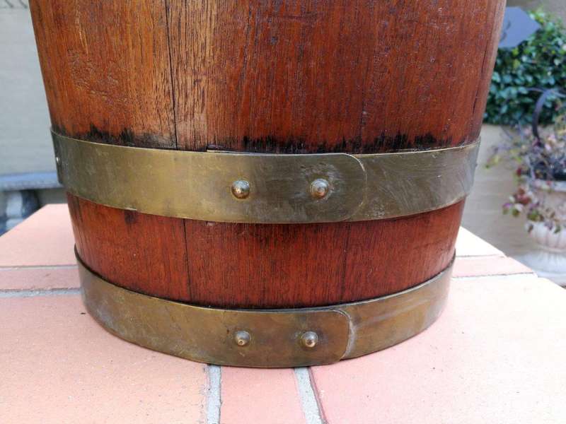 A 20th Century Teak Water Bucket with Brand Bands and Iron Handle ND