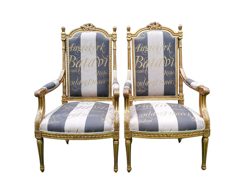A Pair of French Style Armchairs Imported from Canonbury Antiques in England and Upholstered in a...