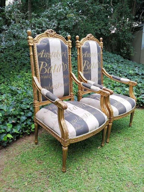 A Pair of French Style Armchairs Imported from Canonbury Antiques in England and Upholstered in a...