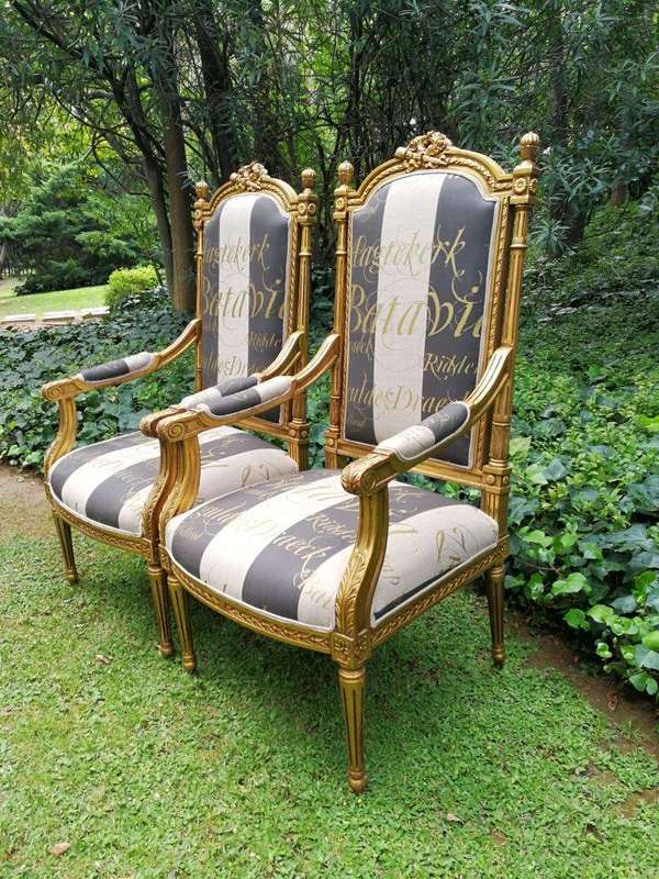 A Pair of French Style Armchairs Imported from Canonbury Antiques in England and Upholstered in a...