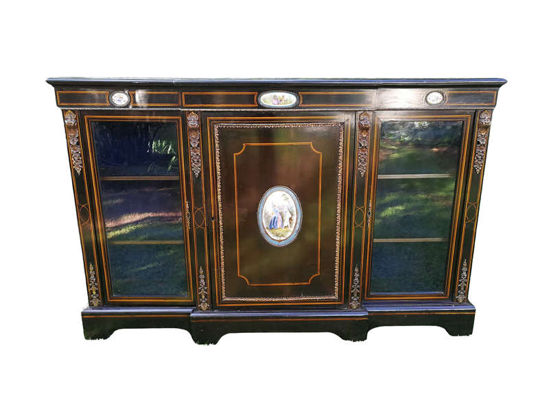 A French Style Ebonized Breakfront Credenza / Sideboard With Ormolu Mounts And Marquetry Inlay