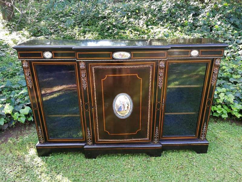 A French Style Ebonized Breakfront Credenza / Sideboard With Ormolu Mounts And Marquetry Inlay