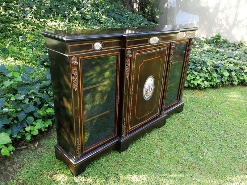 A French Style Ebonized Breakfront Credenza / Sideboard With Ormolu Mounts And Marquetry Inlay