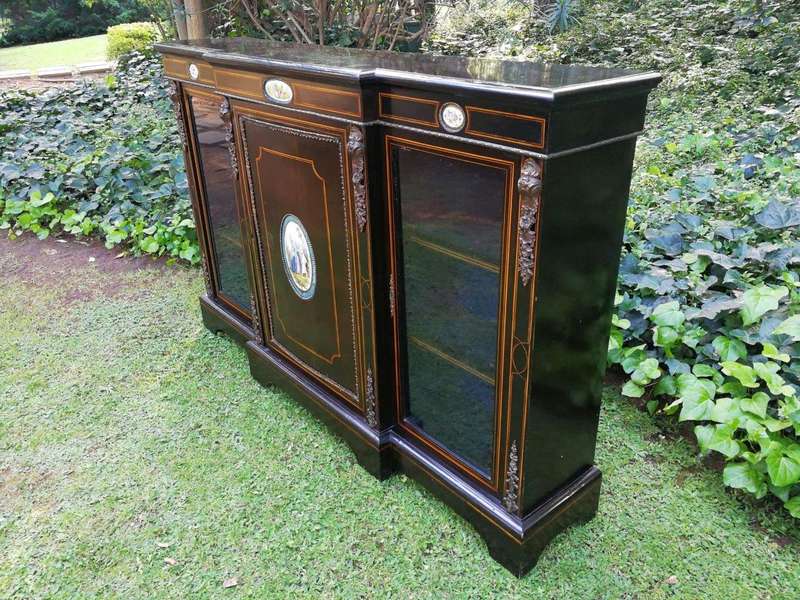A French Style Ebonized Breakfront Credenza / Sideboard With Ormolu Mounts And Marquetry Inlay