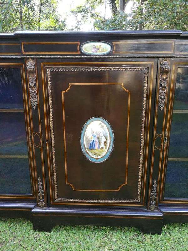 A French Style Ebonized Breakfront Credenza / Sideboard With Ormolu Mounts And Marquetry Inlay