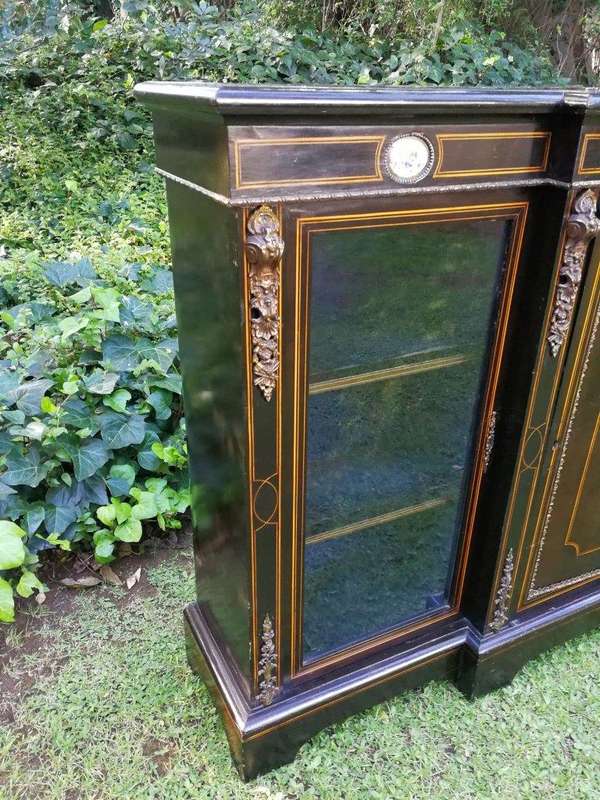 A French Style Ebonized Breakfront Credenza / Sideboard With Ormolu Mounts And Marquetry Inlay
